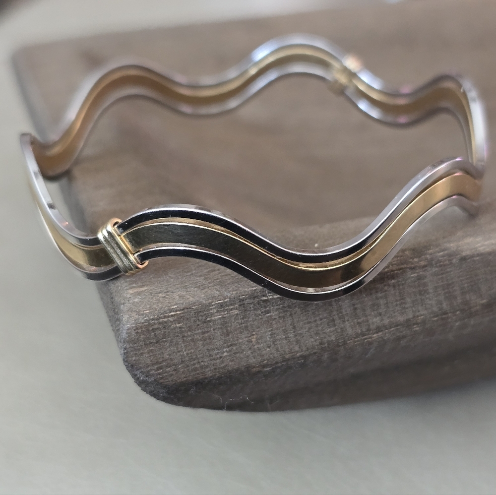 Vintage Avon “Fashion Waves” Bangle | Silver & Gold Tone 3-Row Bracelet
